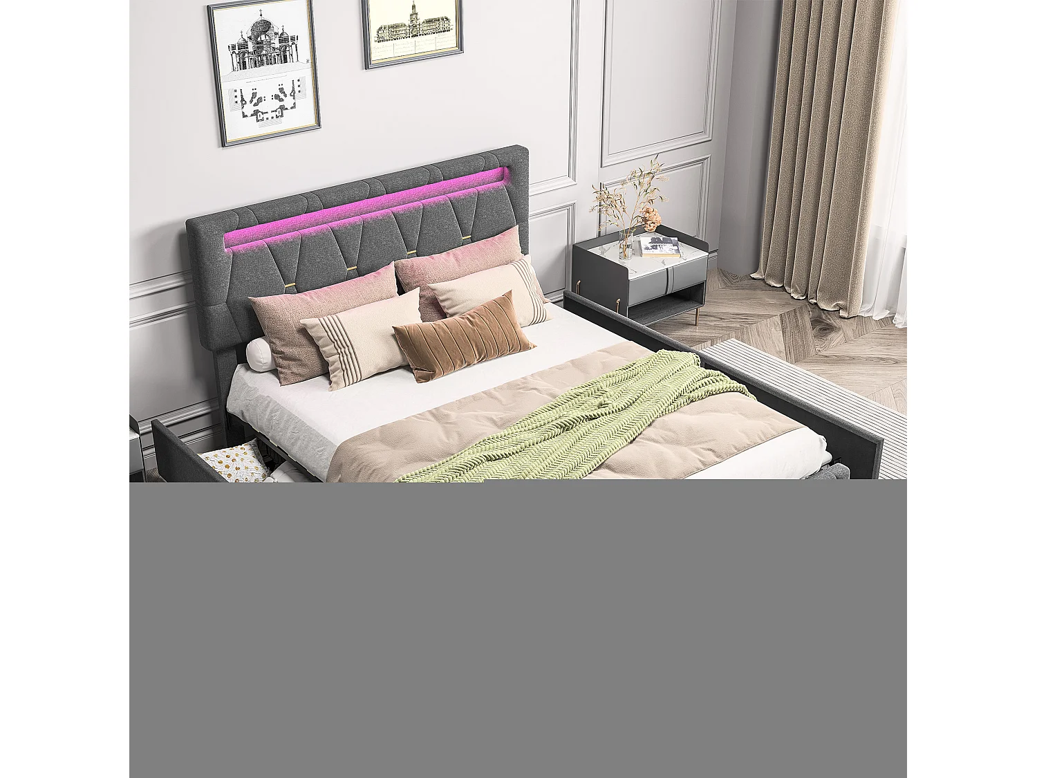 Cama 160x200 cm con iluminación LED, carga USB, 4 cajones, somier de láminas y cabecero regulable, lino y madera - gris