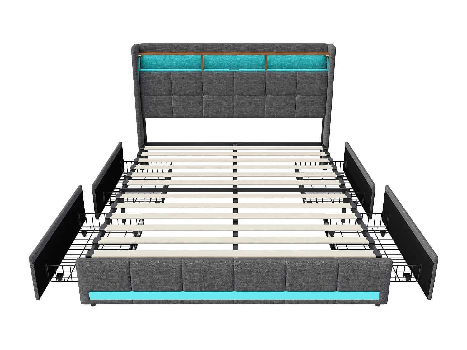 Cadre de Lit 140x190 avec LED et USB, 4 Tiroirs Rangement et Tête de lit rembourrée,Lits Double avec Sommier à Lattes, Lits 2 Personnes pour Adultes, Lin Gris