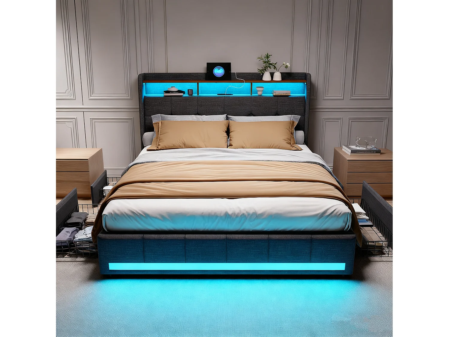 Cadre de Lit 140x190 cm - avec LED et USB - 4 Tiroirs Rangement et Tête de lit rembourrée - Sommier à Lattes - Lin Gris