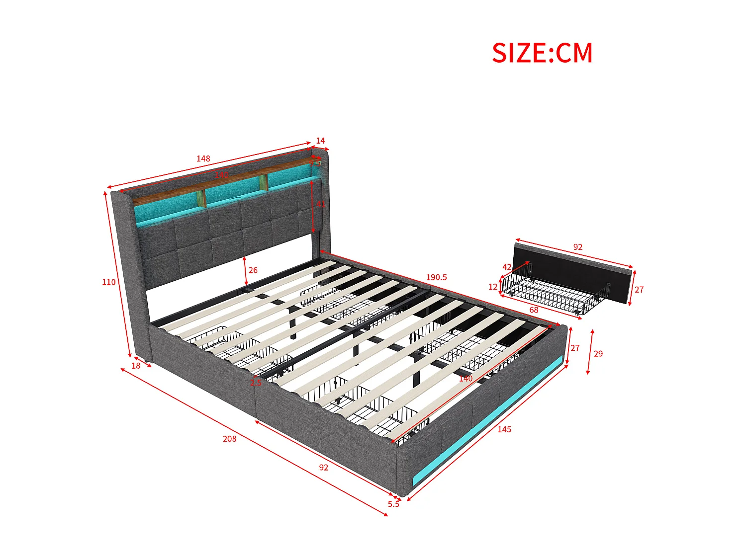 Cadre de Lit 140x190 cm - avec LED et USB - 4 Tiroirs Rangement et Tête de lit rembourrée - Sommier à Lattes - Lin Gris