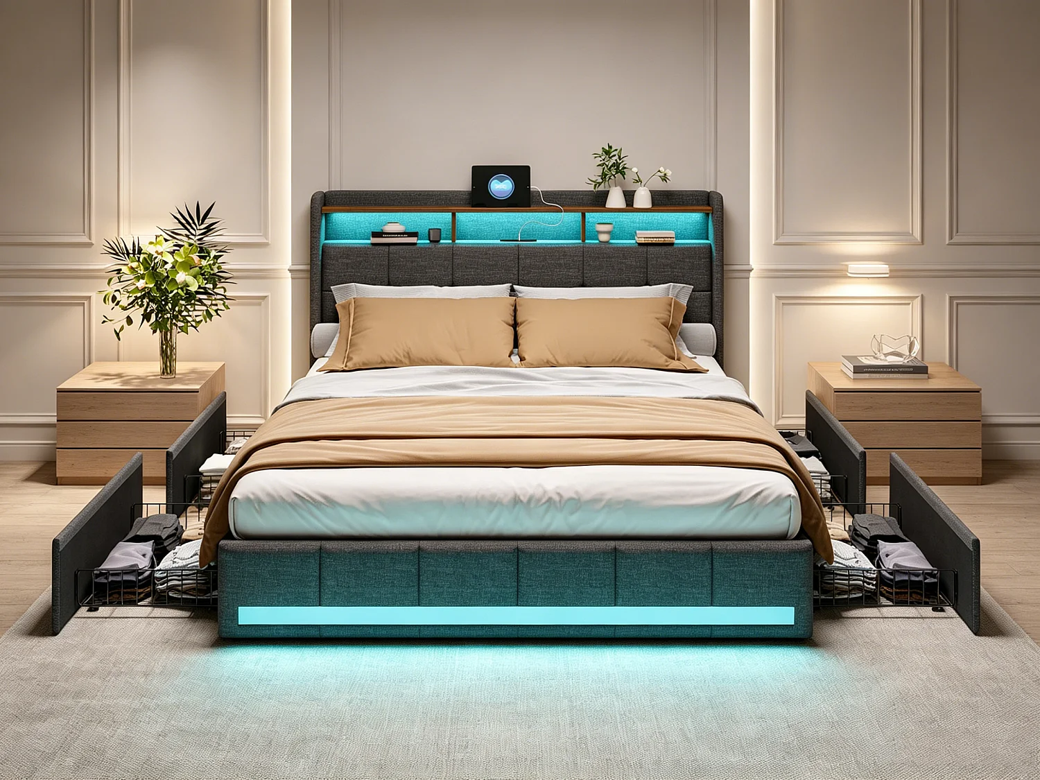 Estrutura de cama 140x190 cm - com LED e USB - 4 gavetas de arrumação e cabeceira estofada - Base de ripas - Linho cinzento