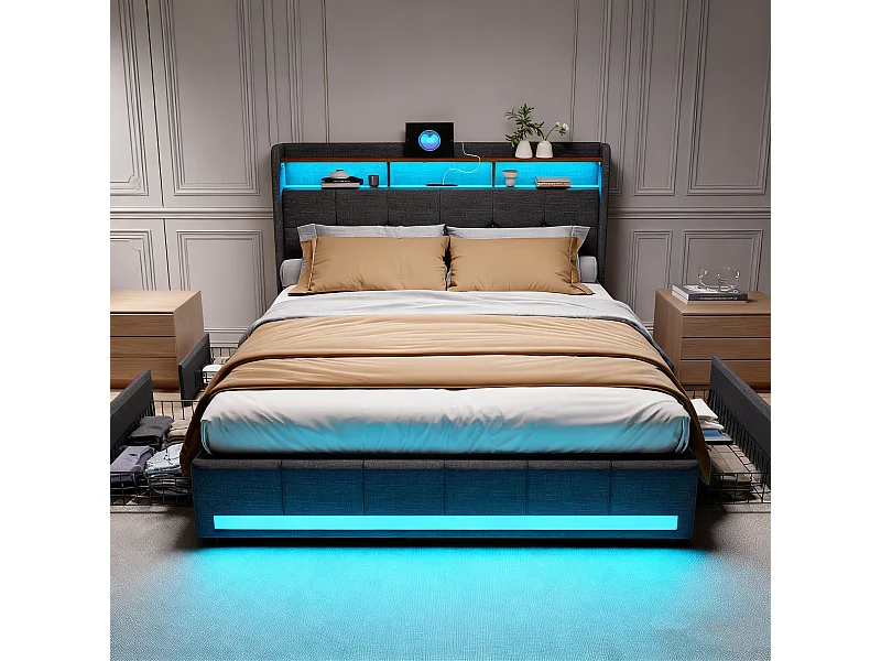 Cadre de Lit 140x190 cm - avec LED et USB - 4 Tiroirs Rangement et Tête de lit rembourrée - Sommier à Lattes - Lin Gris
