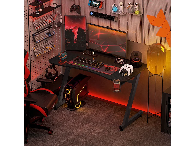 Bureau gaming plateau effet fibre de carbone dim. 120L x 65l cm bracket casque porte-gobelet passe-câble noir