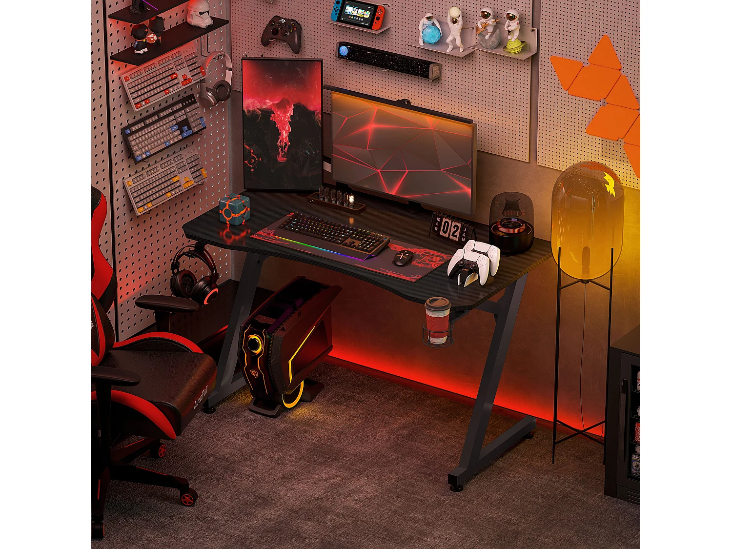 Bureau gaming plateau effet fibre de carbone dim. 120L x 65l cm bracket casque porte-gobelet passe-câble noir