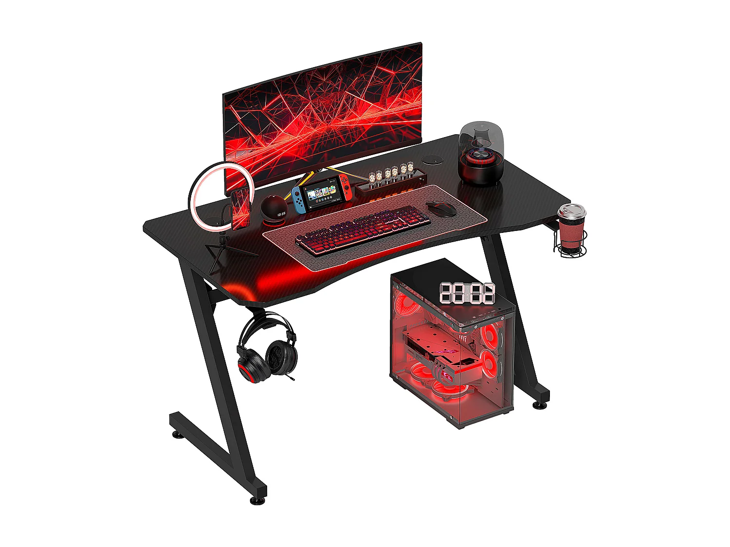 Bureau gaming plateau effet fibre de carbone dim. 120L x 65l cm bracket casque porte-gobelet passe-câble noir