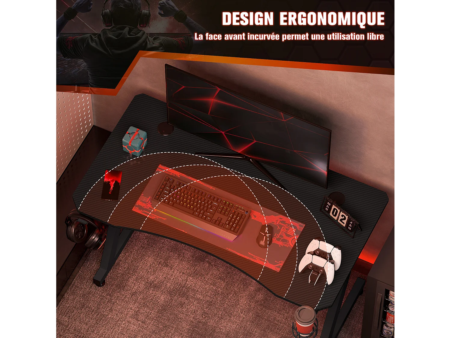 Bureau gaming plateau effet fibre de carbone dim. 120L x 65l cm bracket casque porte-gobelet passe-câble noir