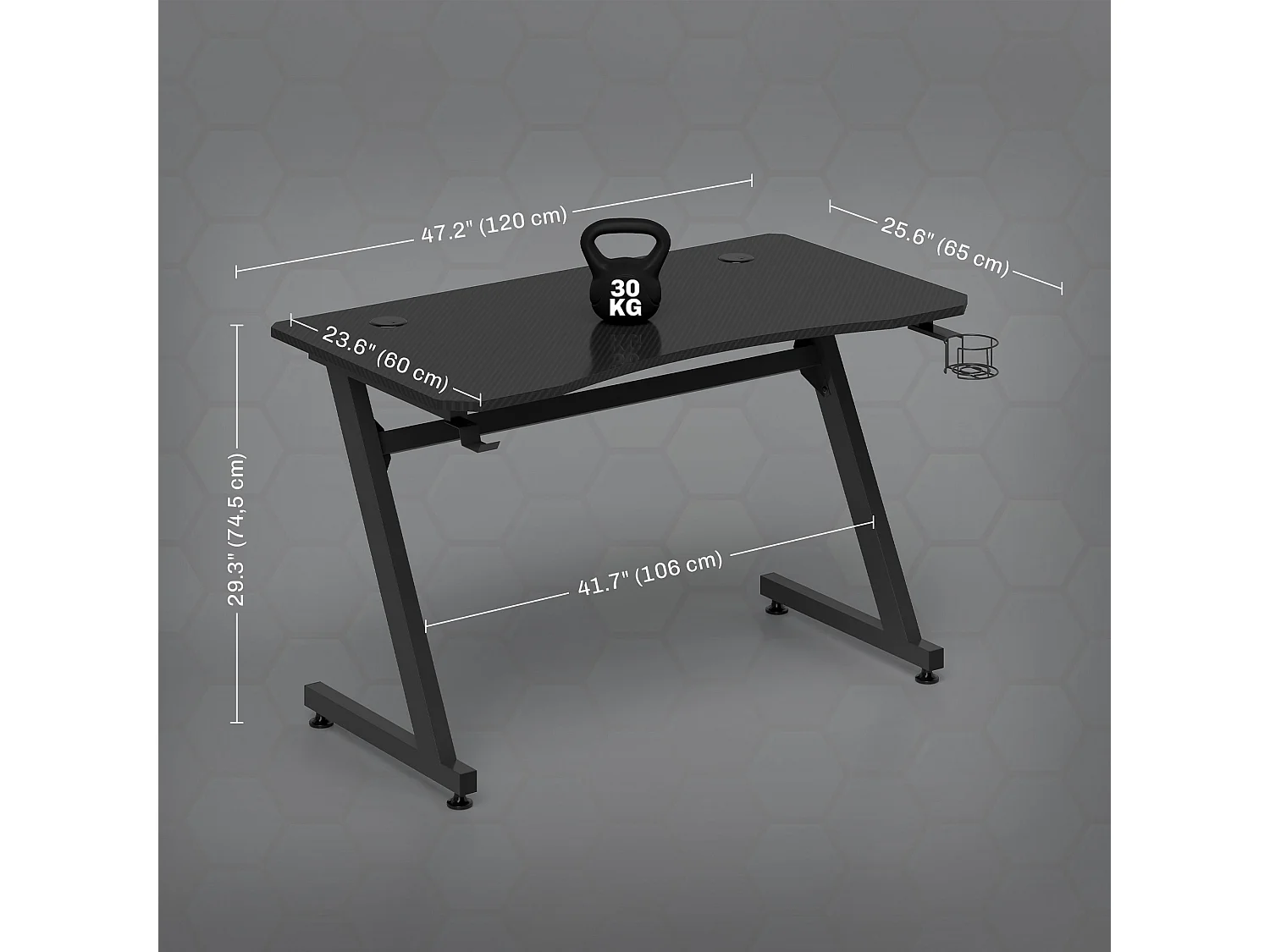 Bureau gaming plateau effet fibre de carbone dim. 120L x 65l cm bracket casque porte-gobelet passe-câble noir