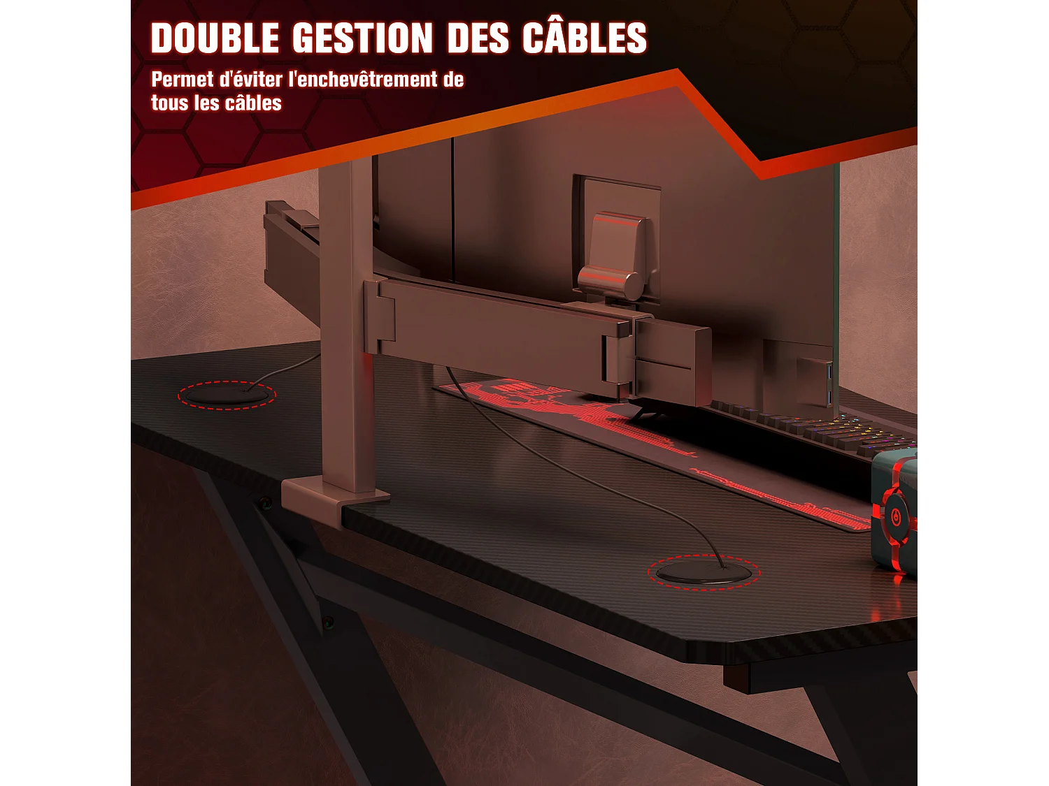 Bureau gaming plateau effet fibre de carbone dim. 120L x 65l cm bracket casque porte-gobelet passe-câble noir