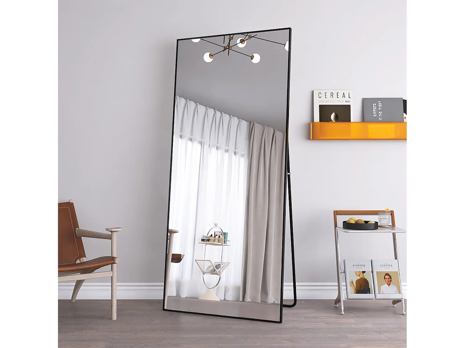 Espejo de pie - Marco de metal - 180 x 80 cm - Rectangular - Para salón o vestidor - Negro