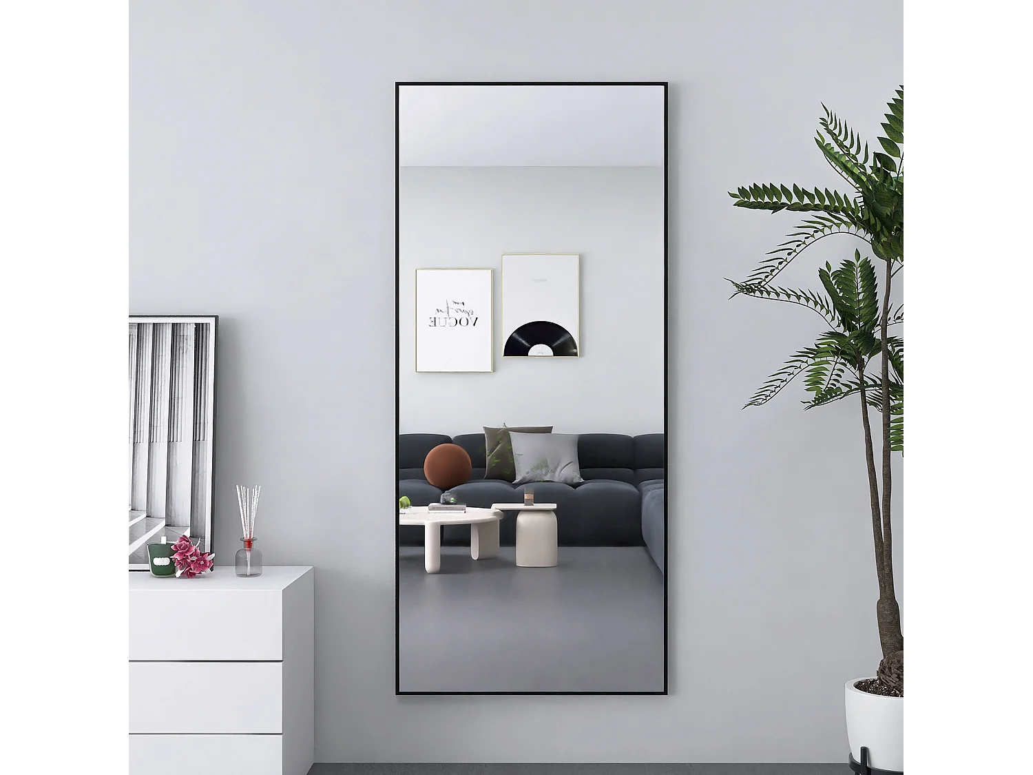 Espejo de pie - Marco de metal - 180 x 80 cm - Rectangular - Para salón o vestidor - Negro