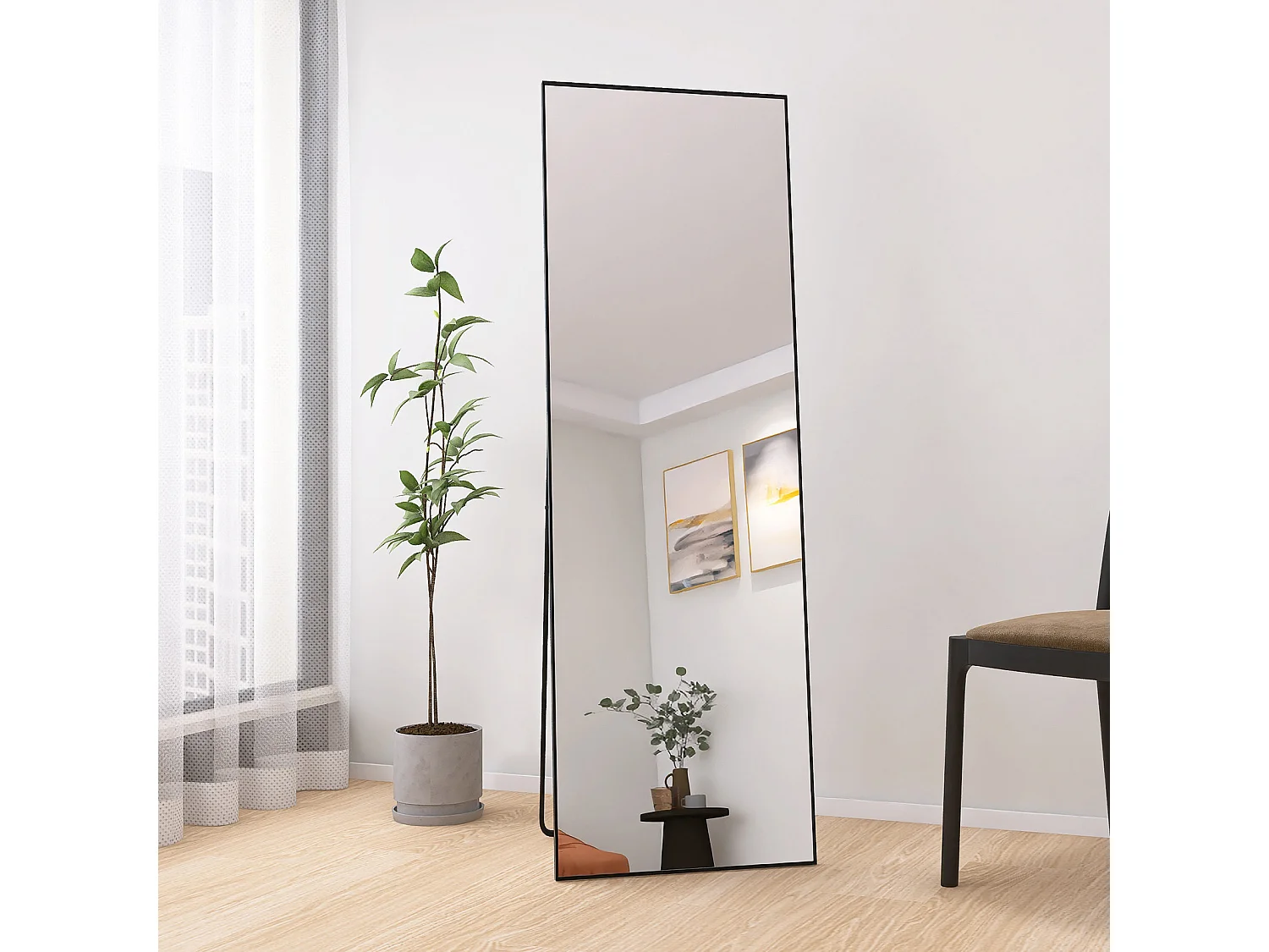 Miroir pleine longueur incassable, 165x60cm,Miroir sur pied suspendu ou appuyé contre le mur, Miroir de sol avec support, Noir
