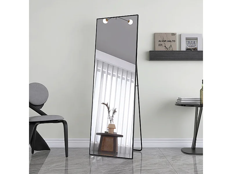 Miroir pleine longueur incassable, 165x60cm,Miroir sur pied suspendu ou appuyé contre le mur, Miroir de sol avec support, Noir