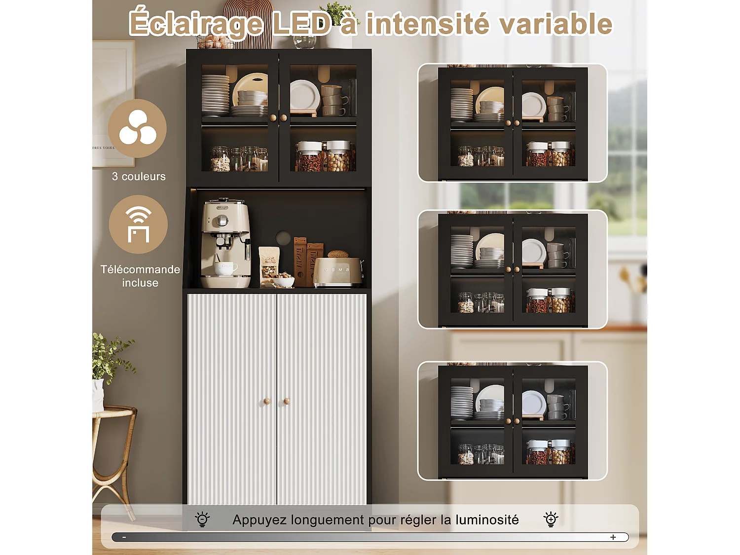 Buffet de cuisine avec plan de travail, rangement intégré, buffet, rangement avec bandeau LED, 70 x 40 x 180 cm, meuble de cuisine，noir