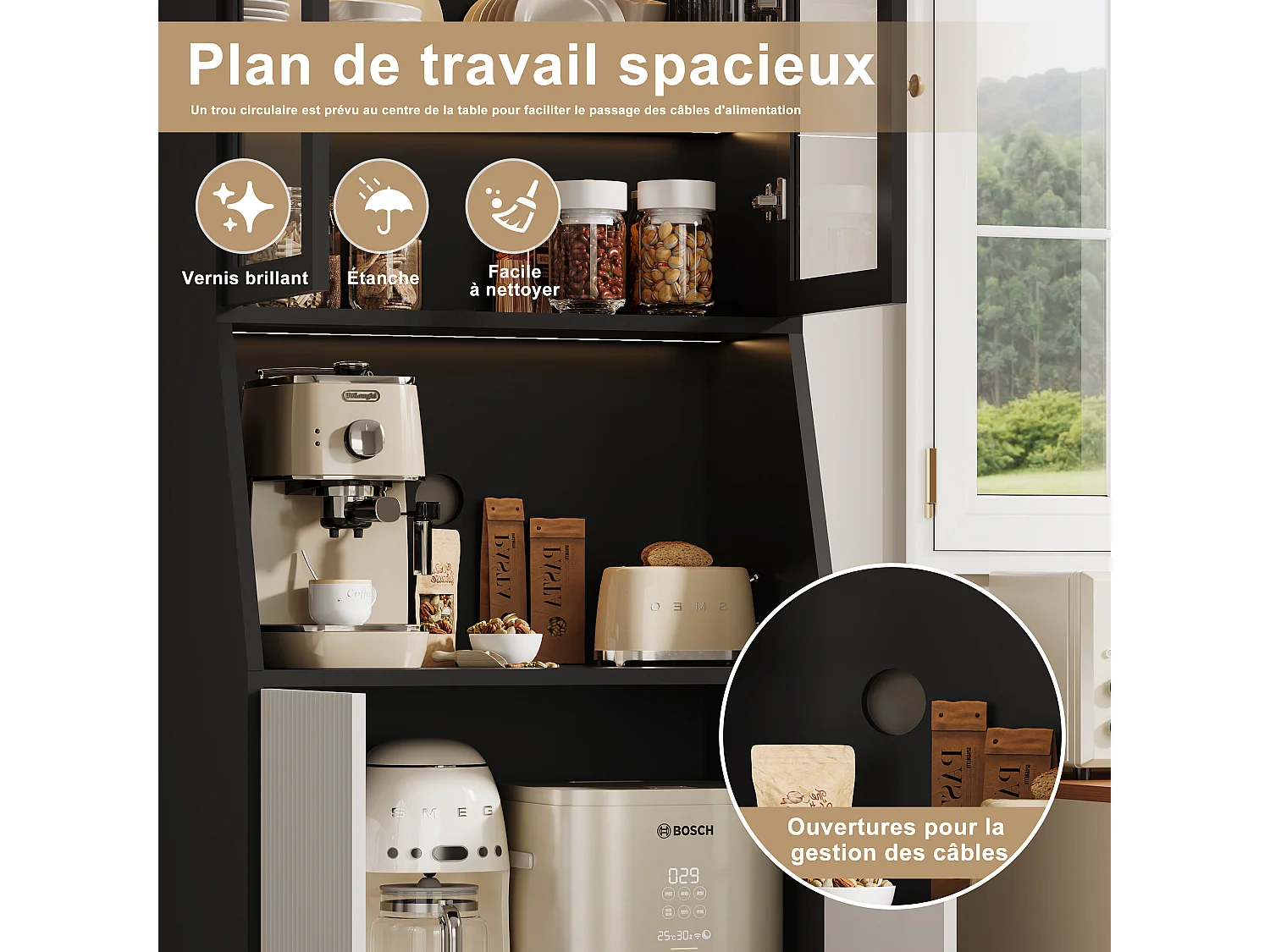 Aparador de cocina con encimera, almacenaje integrado, aparador, almacenaje con tira LED, 70 x 40 x 180 cm, mueble de cocina, negro