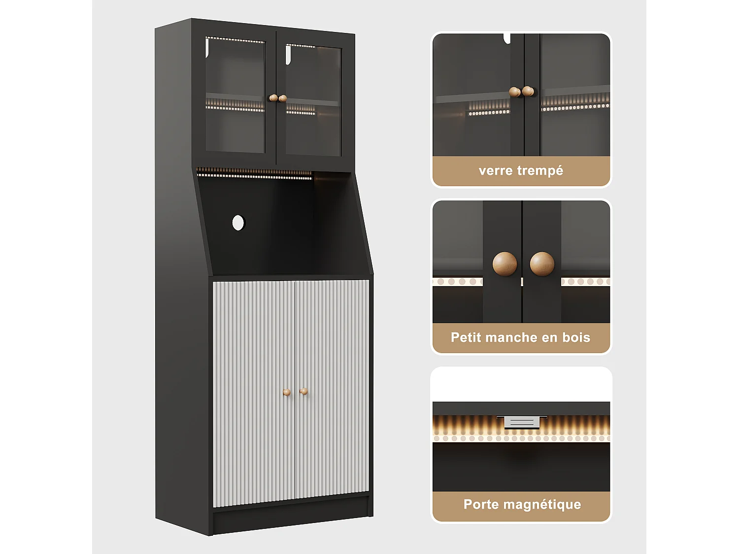 Aparador de cocina con encimera, almacenaje integrado, aparador, almacenaje con tira LED, 70 x 40 x 180 cm, mueble de cocina, negro