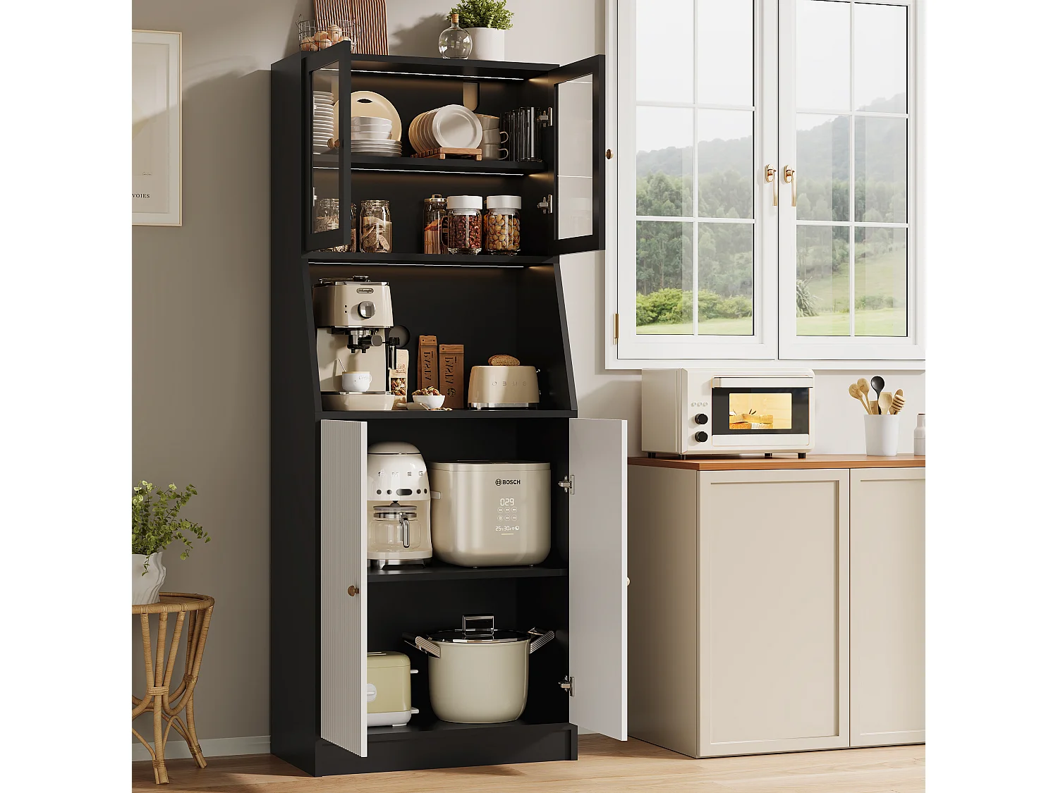 Aparador de cocina con encimera, almacenaje integrado, aparador, almacenaje con tira LED, 70 x 40 x 180 cm, mueble de cocina, negro