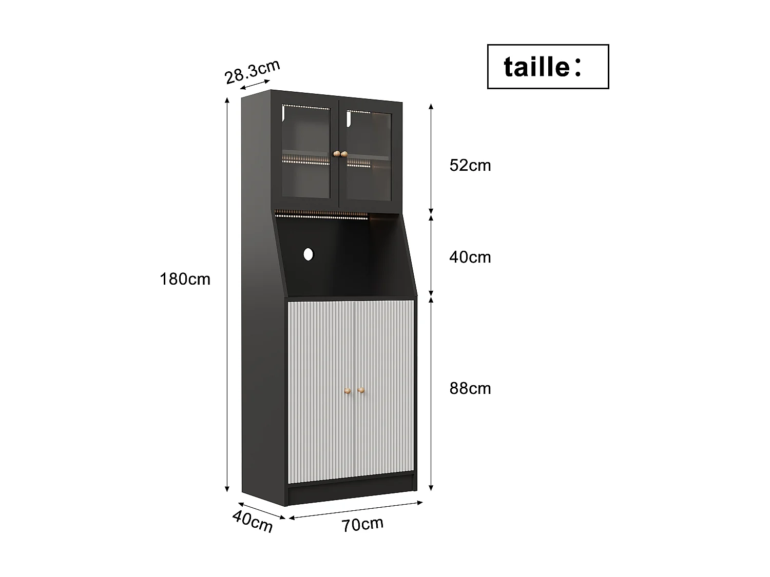 Aparador de cocina con encimera, almacenaje integrado, aparador, almacenaje con tira LED, 70 x 40 x 180 cm, mueble de cocina, negro