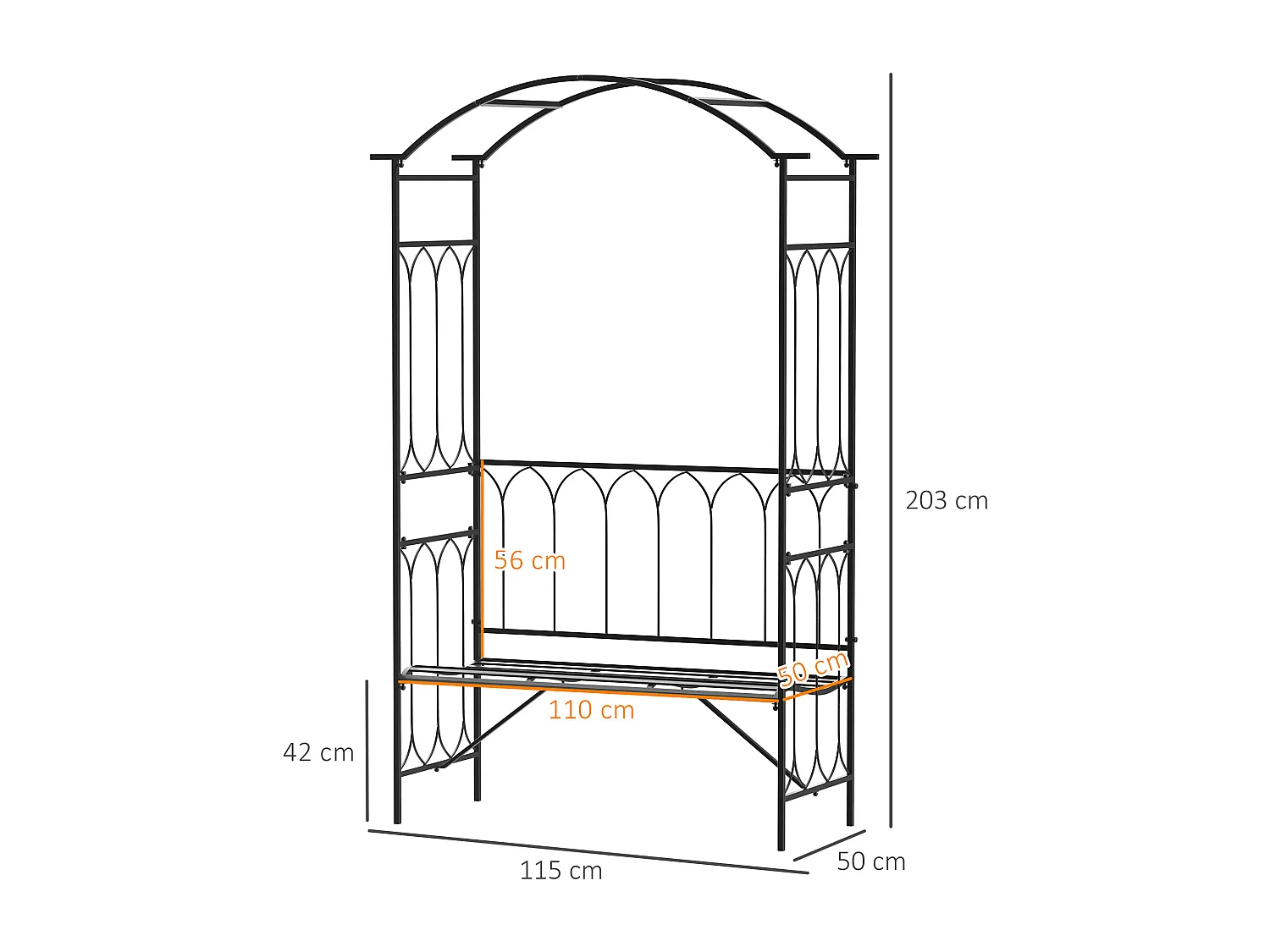Arche à rosiers banc 2 personnes style romantique dim. 115 x 50 x 203 cm métal époxy noir