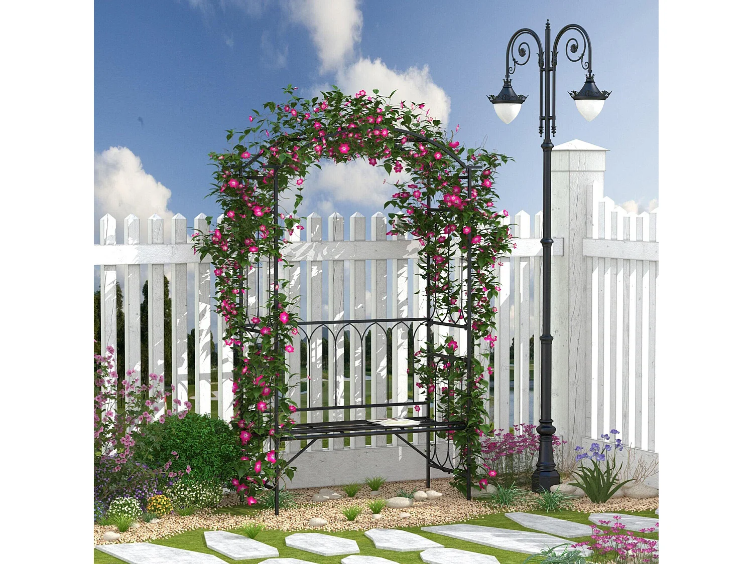 Arche à rosiers banc 2 personnes style romantique dim. 115 x 50 x 203 cm métal époxy noir