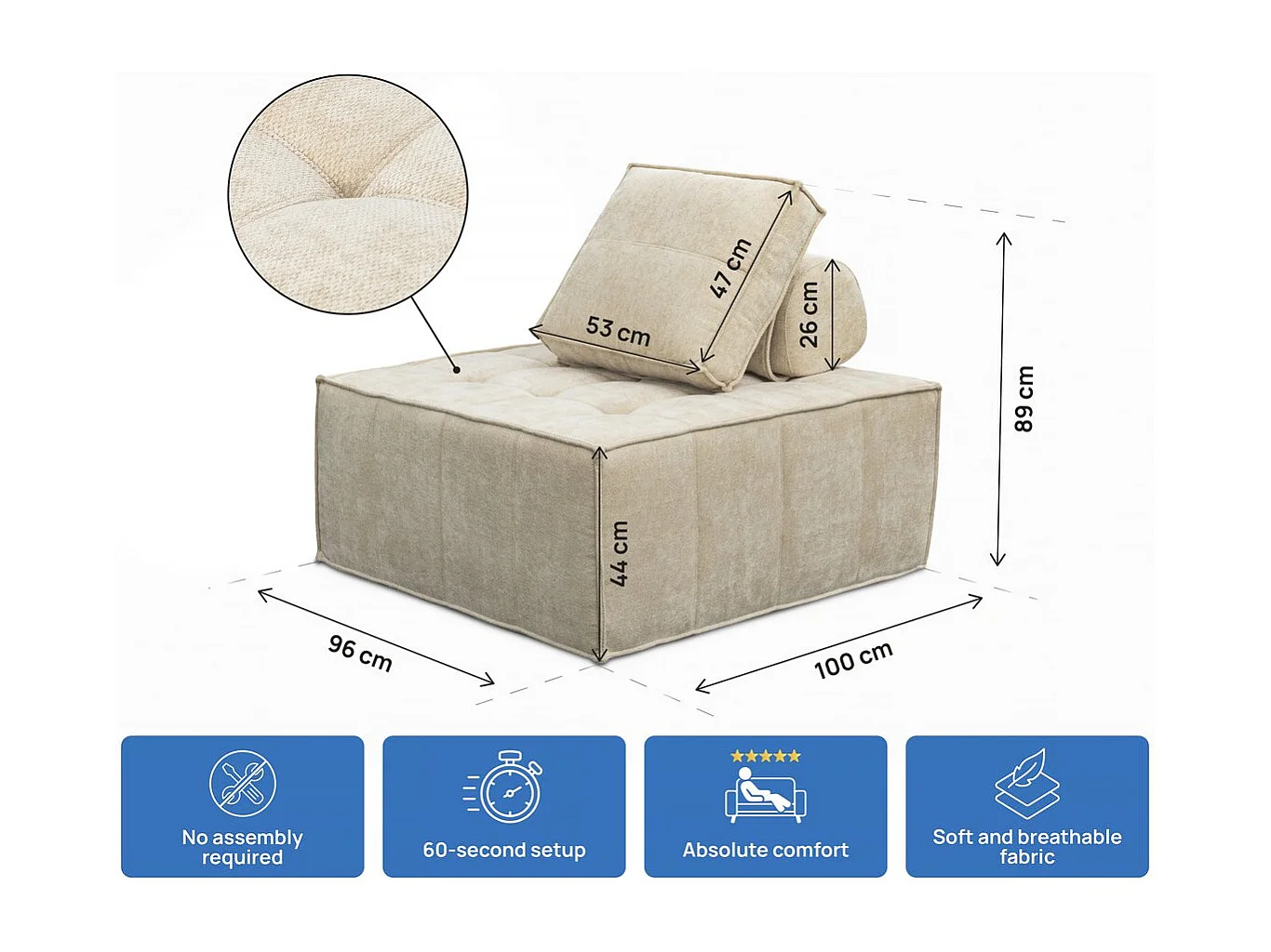 Lot de 2 chauffeuses pour canapé modulables en tissu texturé "Velluto" - Beige