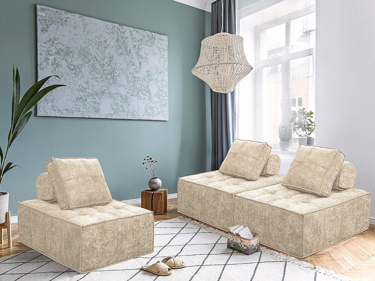 Lot de 3 chauffeuses pour canapé modulables en tissu texturé "Velluto" - Beige