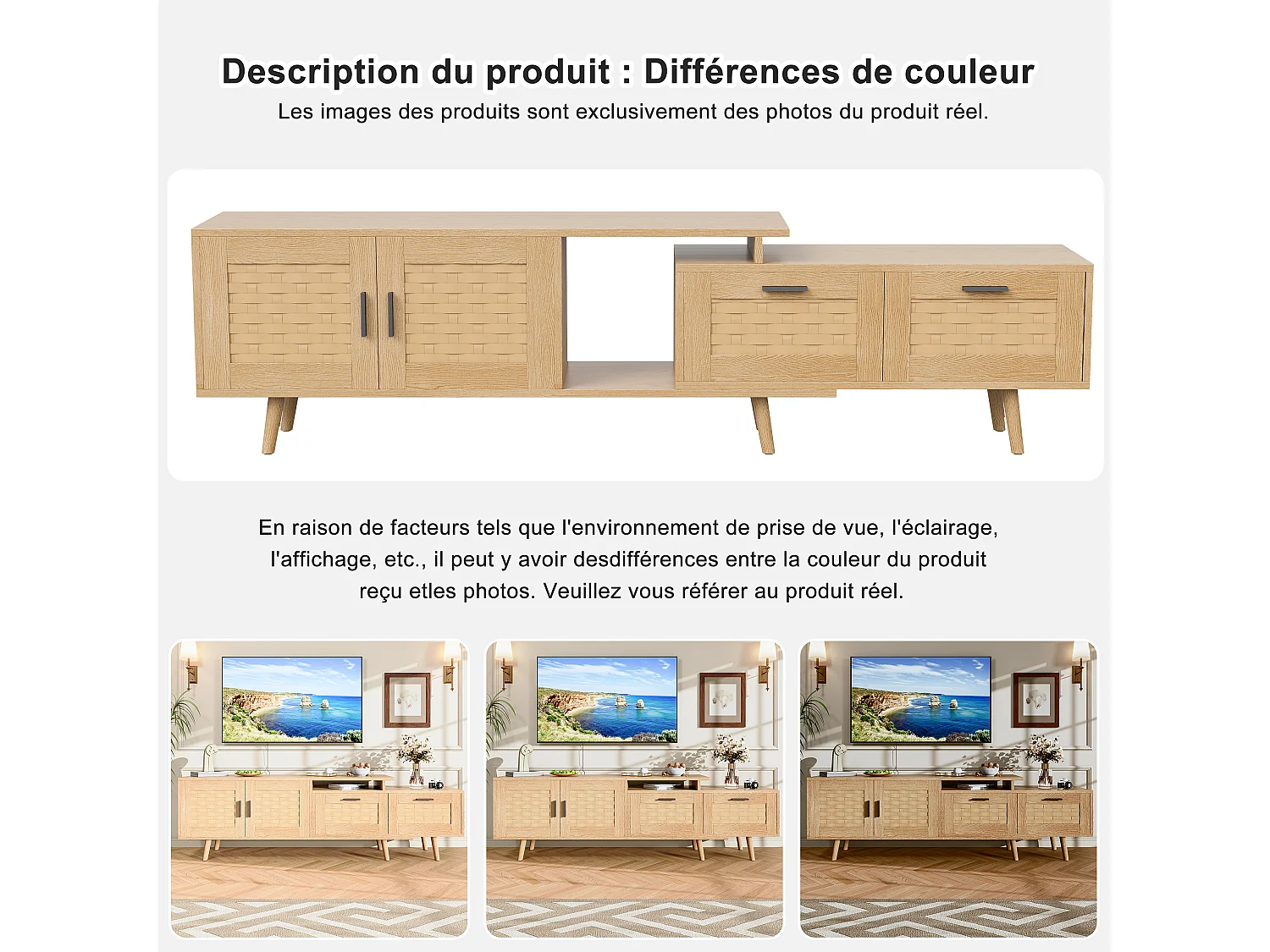 Meuble TV 169 cm, buffet bas en rotin pour téléviseurs 75 pouces, table TV avec 1 porte, 2 tiroirs, pieds en bois massif