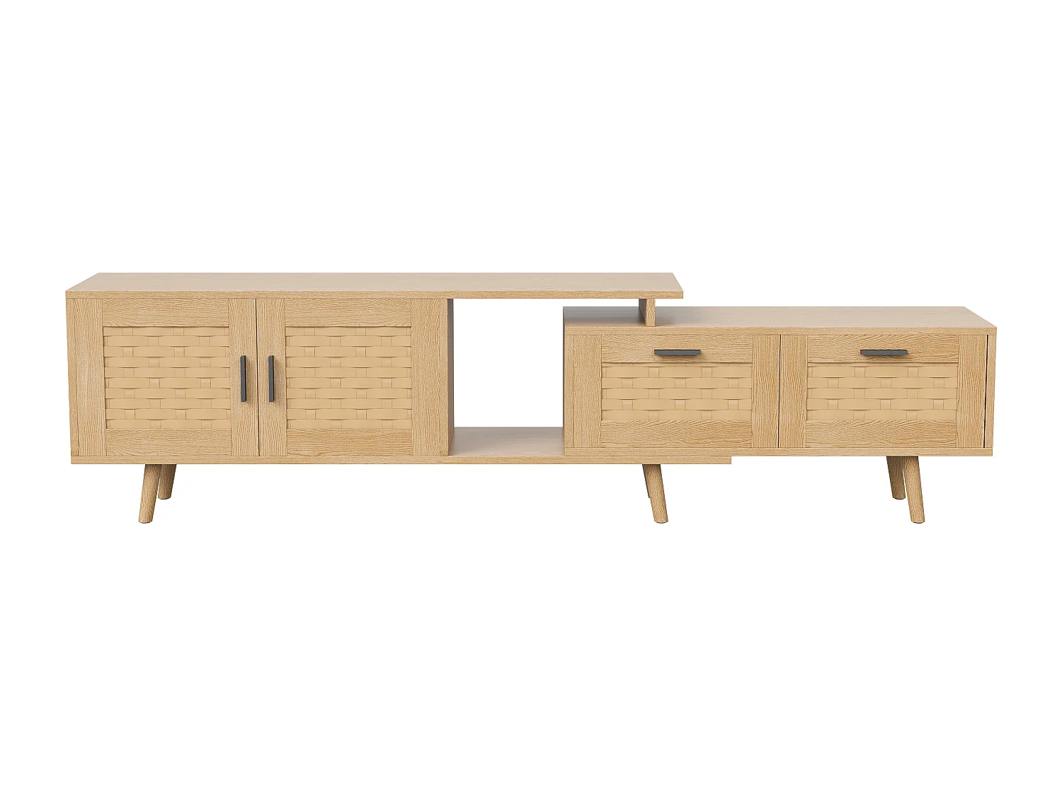 Meuble TV 169 cm, buffet bas en rotin pour téléviseurs 75 pouces, table TV avec 1 porte, 2 tiroirs, pieds en bois massif