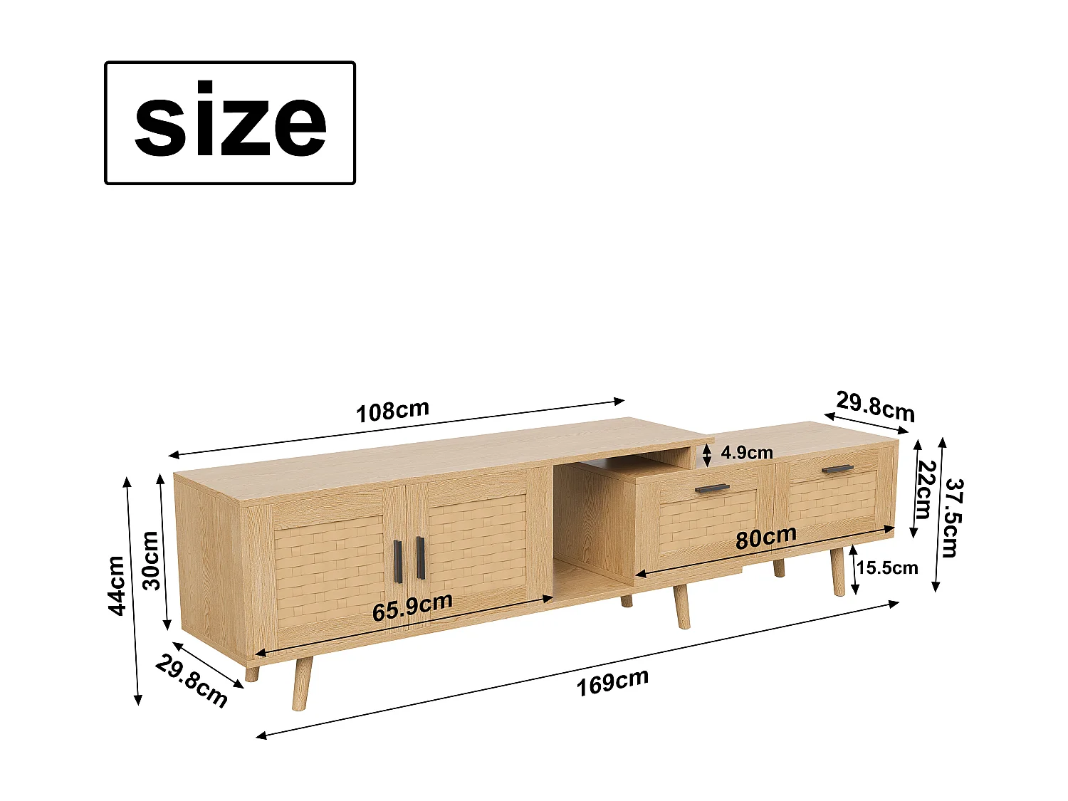Meuble TV 169 cm, buffet bas en rotin pour téléviseurs 75 pouces, table TV avec 1 porte, 2 tiroirs, pieds en bois massif