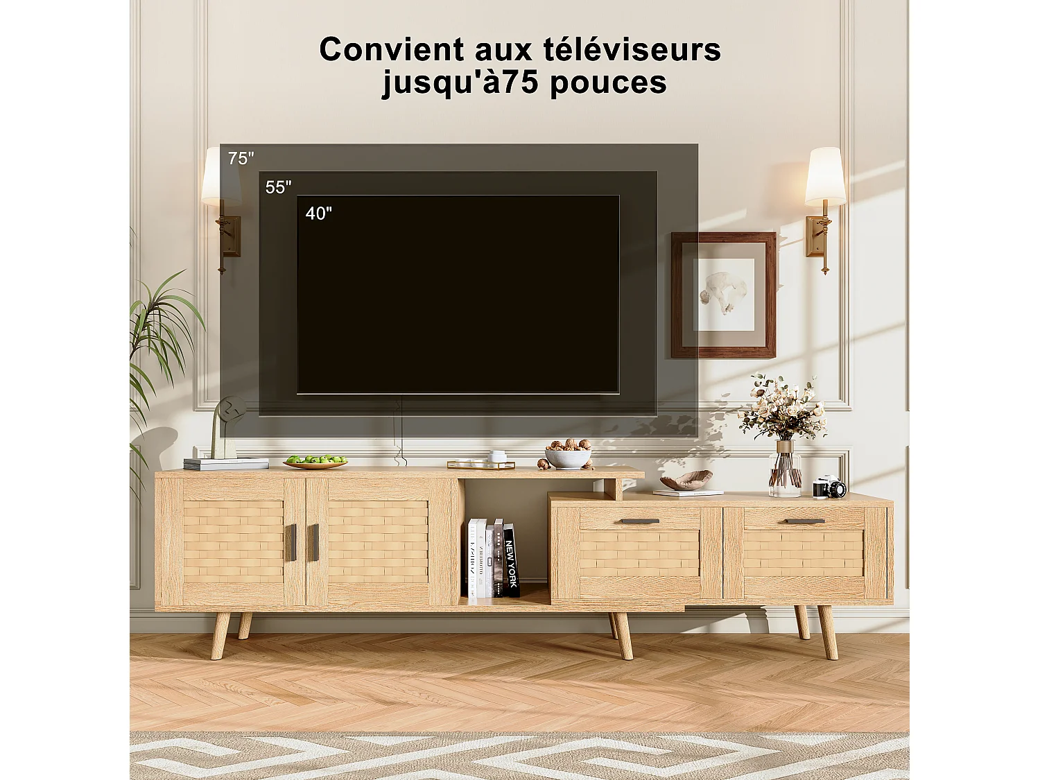 Tv-meubel van 169 cm, laag rotan dressoir voor tv's tot 75 inch, tv-tafel met 1 deur, 2 lades, massief houten poten