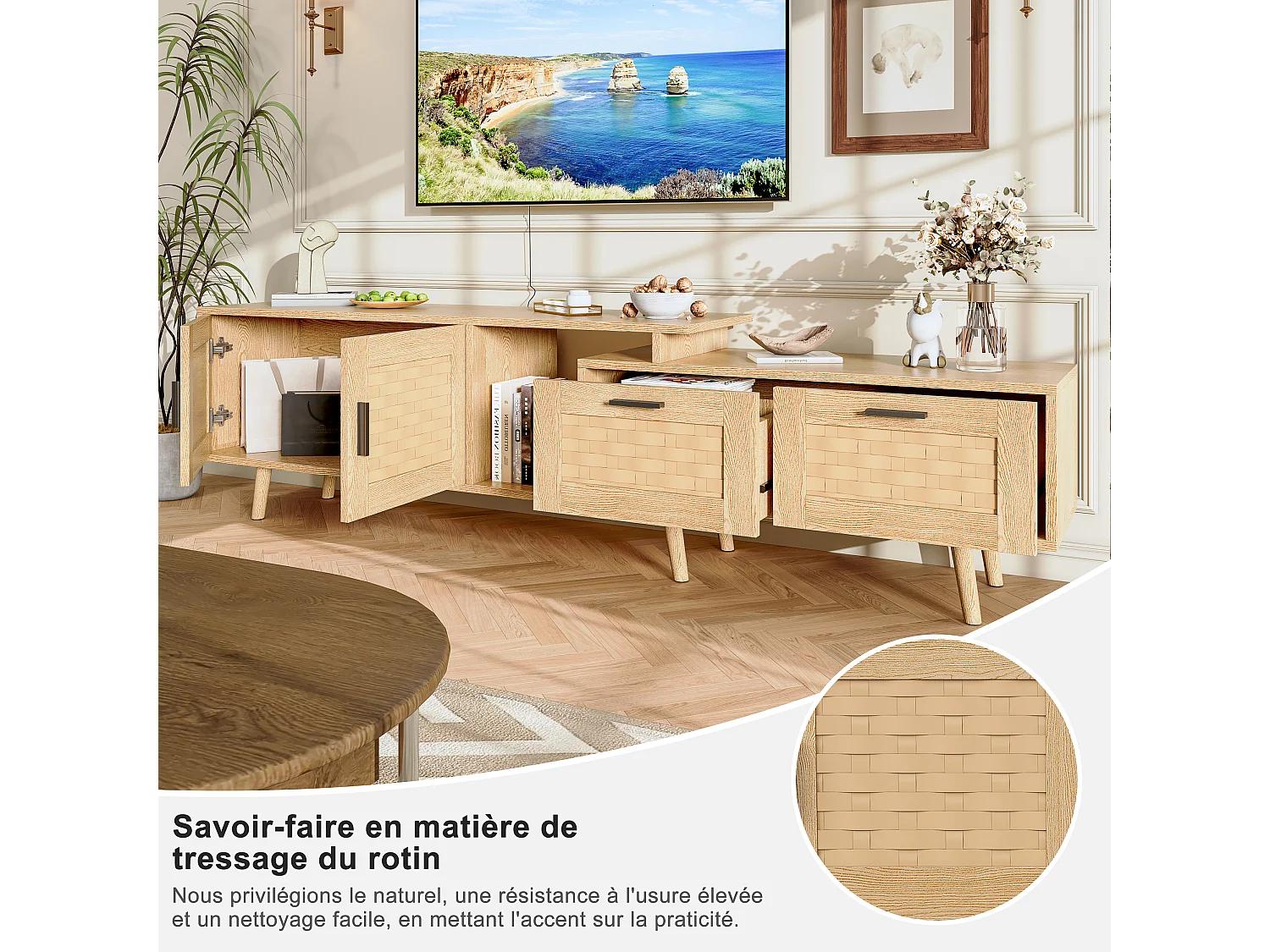 Tv-meubel van 169 cm, laag rotan dressoir voor tv's tot 75 inch, tv-tafel met 1 deur, 2 lades, massief houten poten