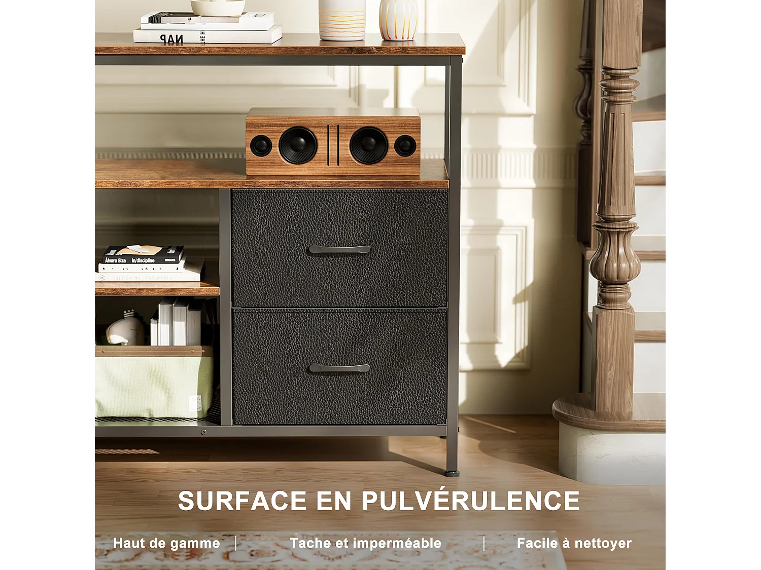 Meuble TV avec espace de rangement, barre lumineuse et 4 tiroirs, 108*30*76.8cm, meuble TV de salon, meuble de rangement