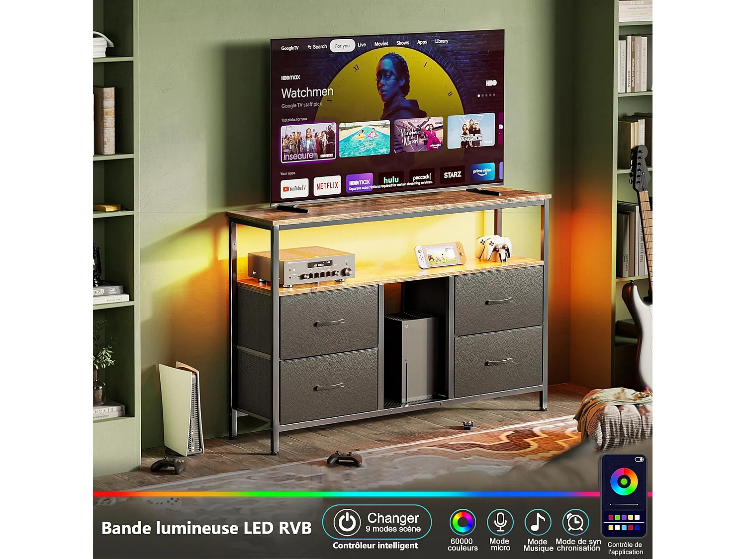 Meuble TV avec espace de rangement, barre lumineuse et 4 tiroirs, 108*30*76.8cm, meuble TV de salon, meuble de rangement