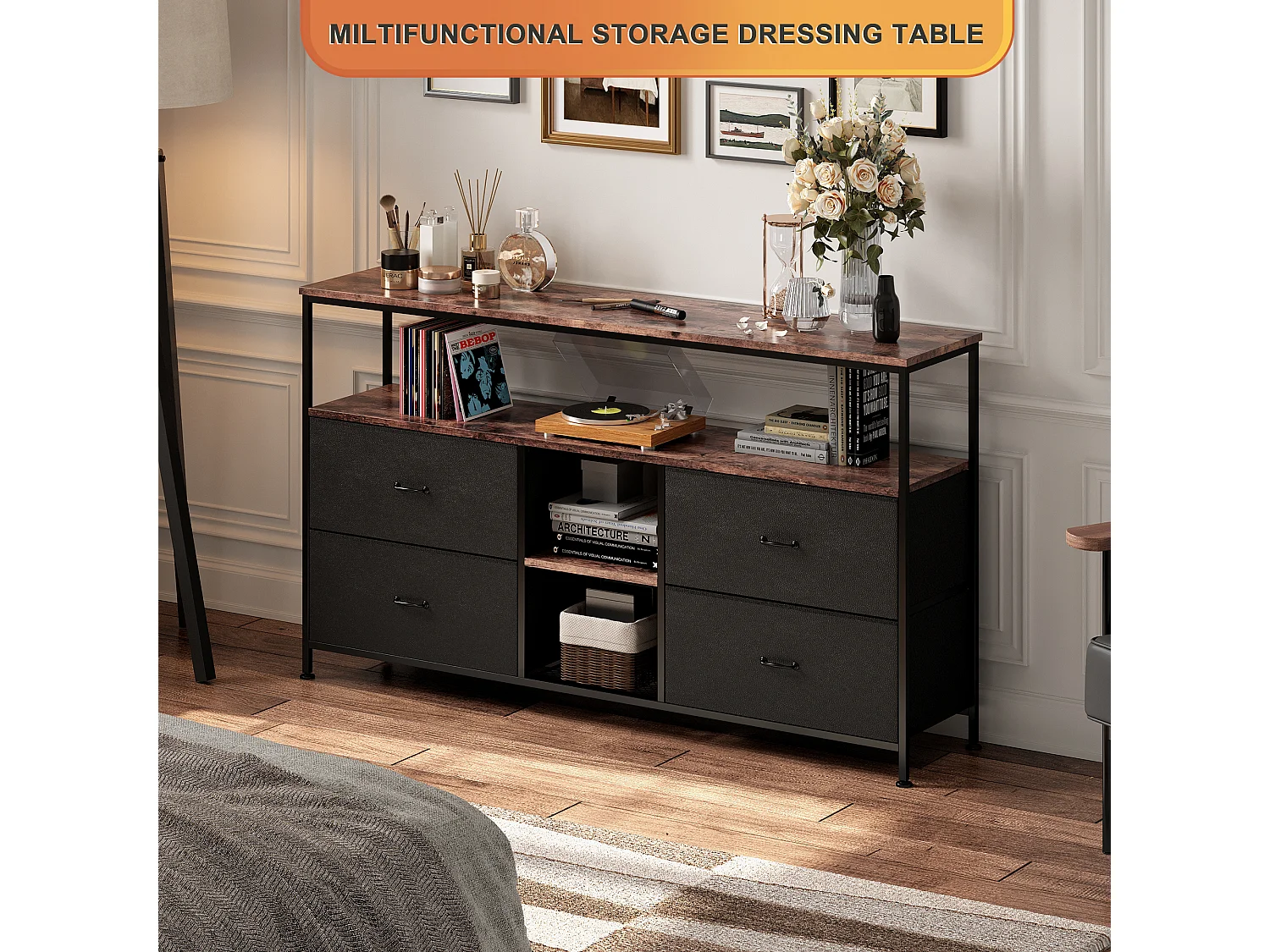 Meuble TV avec espace de rangement, barre lumineuse et 4 tiroirs, 108*30*76.8cm, meuble TV de salon, meuble de rangement