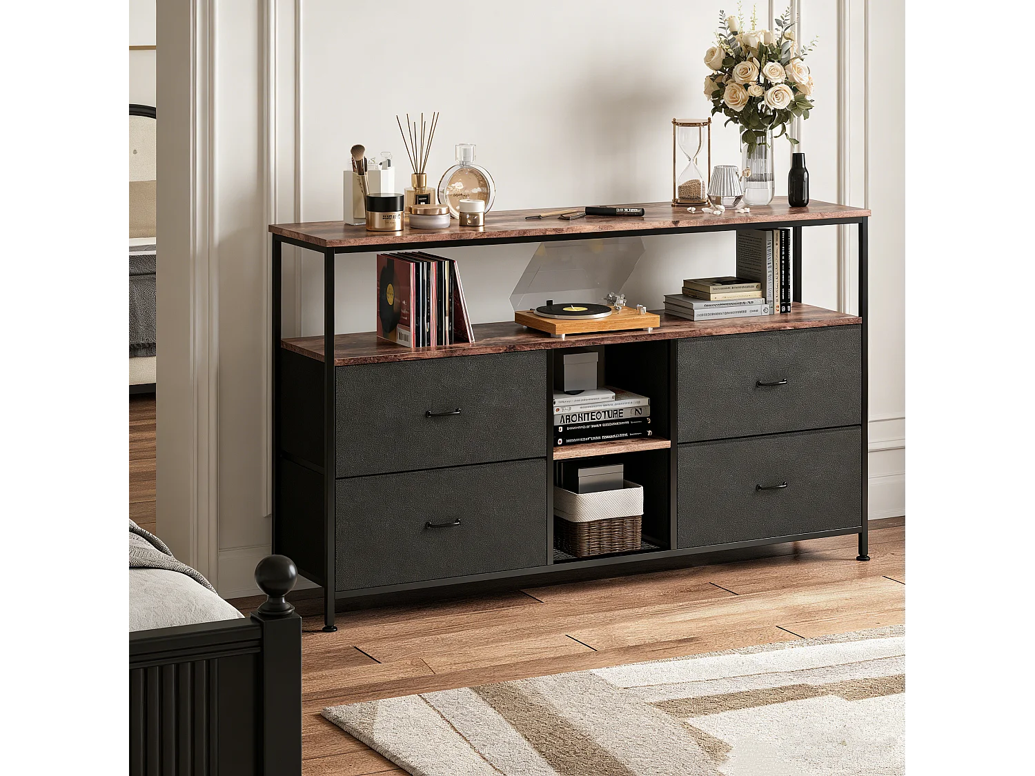 Mueble de TV con espacio de almacenamiento, barra de luz y 4 cajones, 108*30*76,8 cm, mueble de TV para sala de estar, unidad de almacenamiento