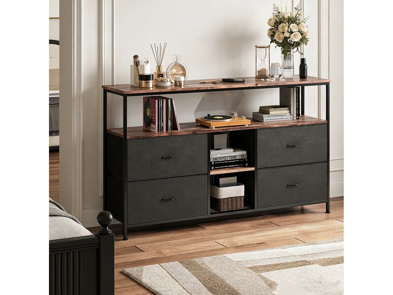 Meuble TV avec espace de rangement, barre lumineuse et 4 tiroirs, 108*30*76.8cm, meuble TV de salon, meuble de rangement