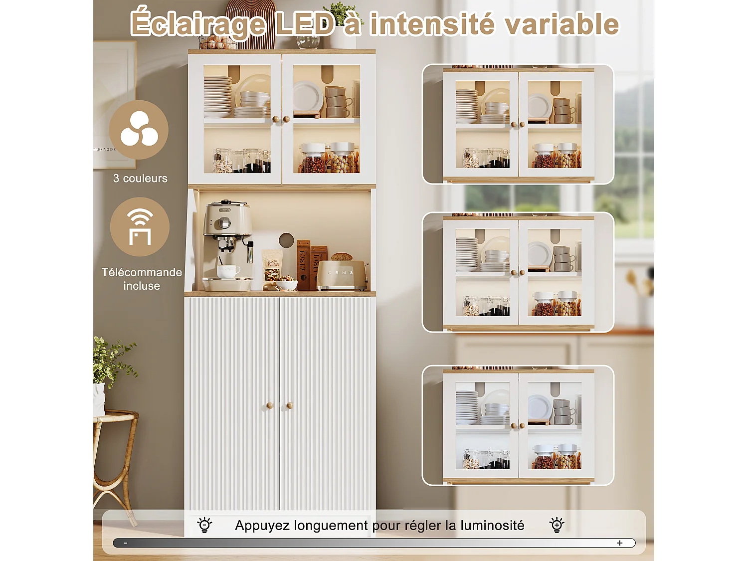 Buffet de cuisine avec plan de travail, rangement intégré, buffet, rangement avec bandeau LED, 70 x 40 x 180 cm, meuble de cuisine，blanc