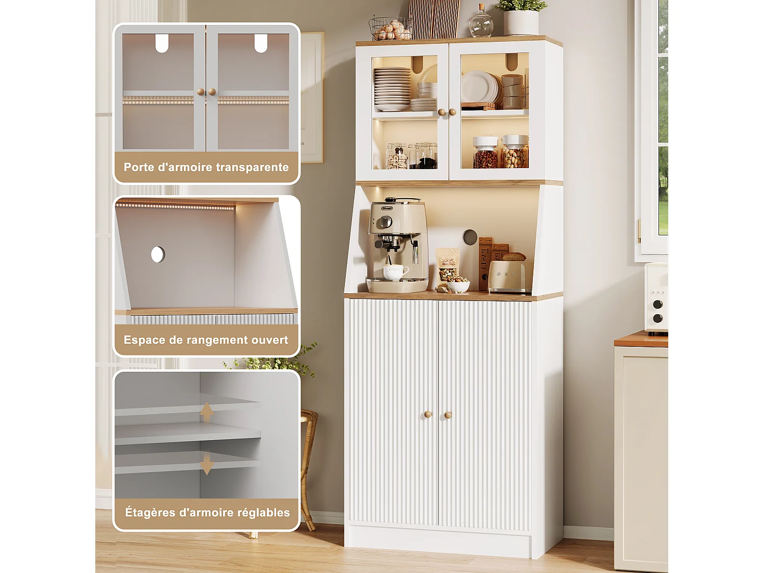 Buffet de cuisine avec plan de travail, rangement intégré, buffet, rangement avec bandeau LED, 70 x 40 x 180 cm, meuble de cuisine，blanc