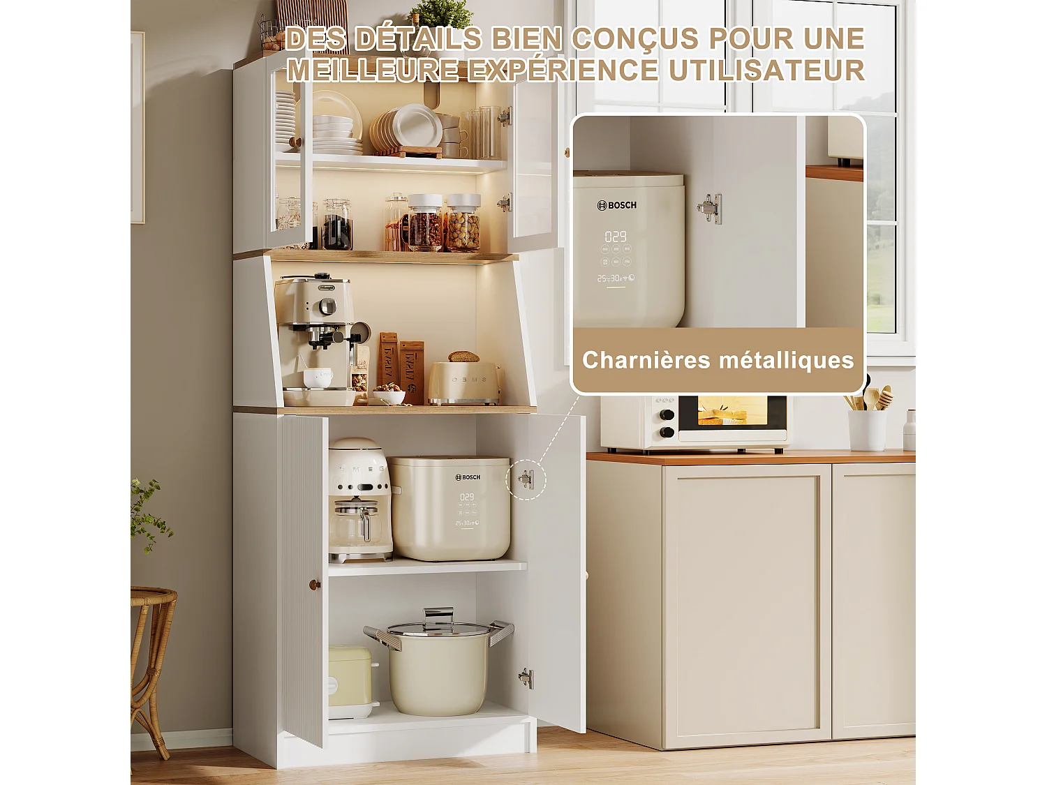 Buffet de cuisine avec plan de travail, rangement intégré, buffet, rangement avec bandeau LED, 70 x 40 x 180 cm, meuble de cuisine，blanc