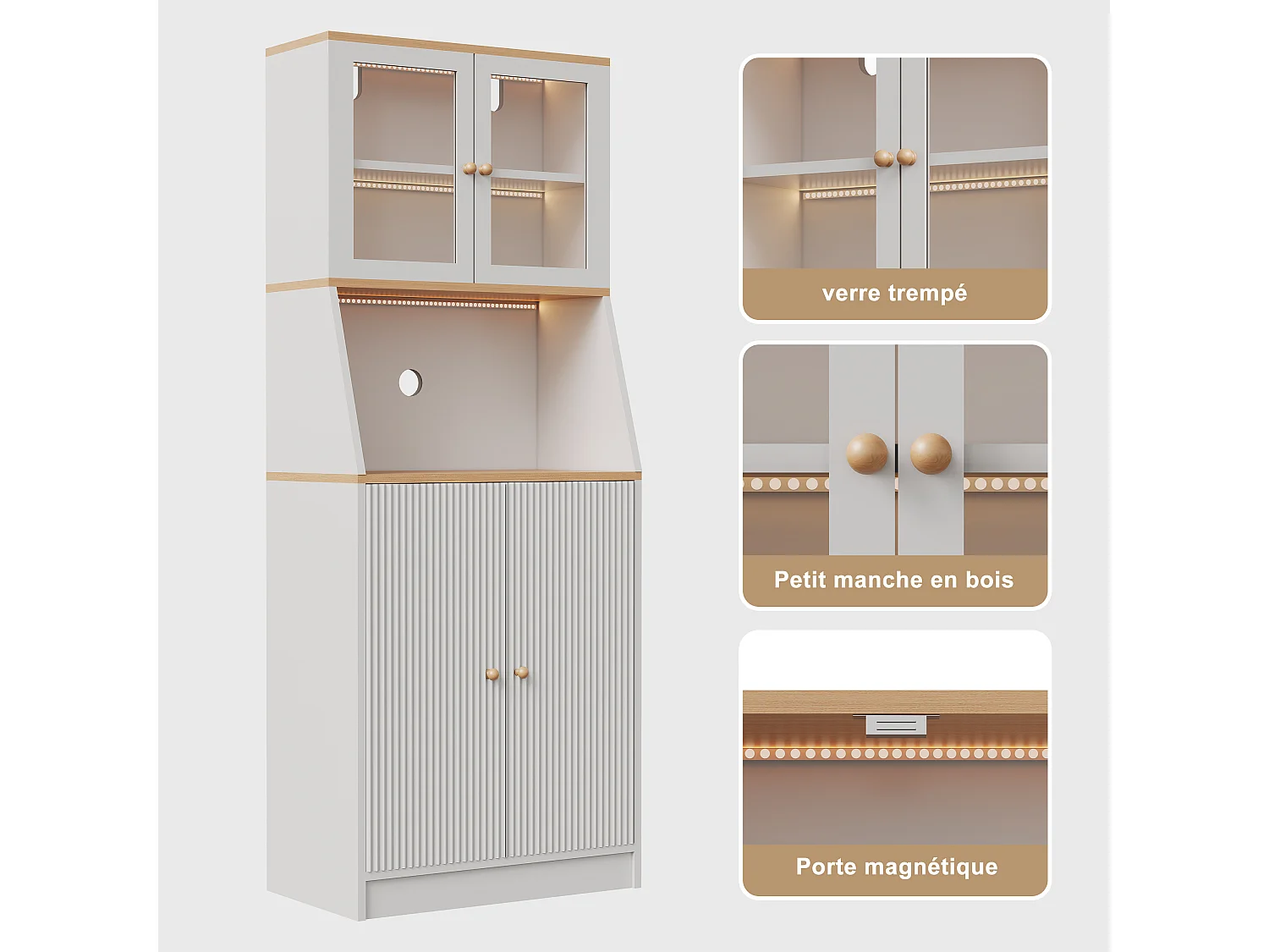 Buffet de cuisine avec plan de travail, rangement intégré, buffet, rangement avec bandeau LED, 70 x 40 x 180 cm, meuble de cuisine，blanc