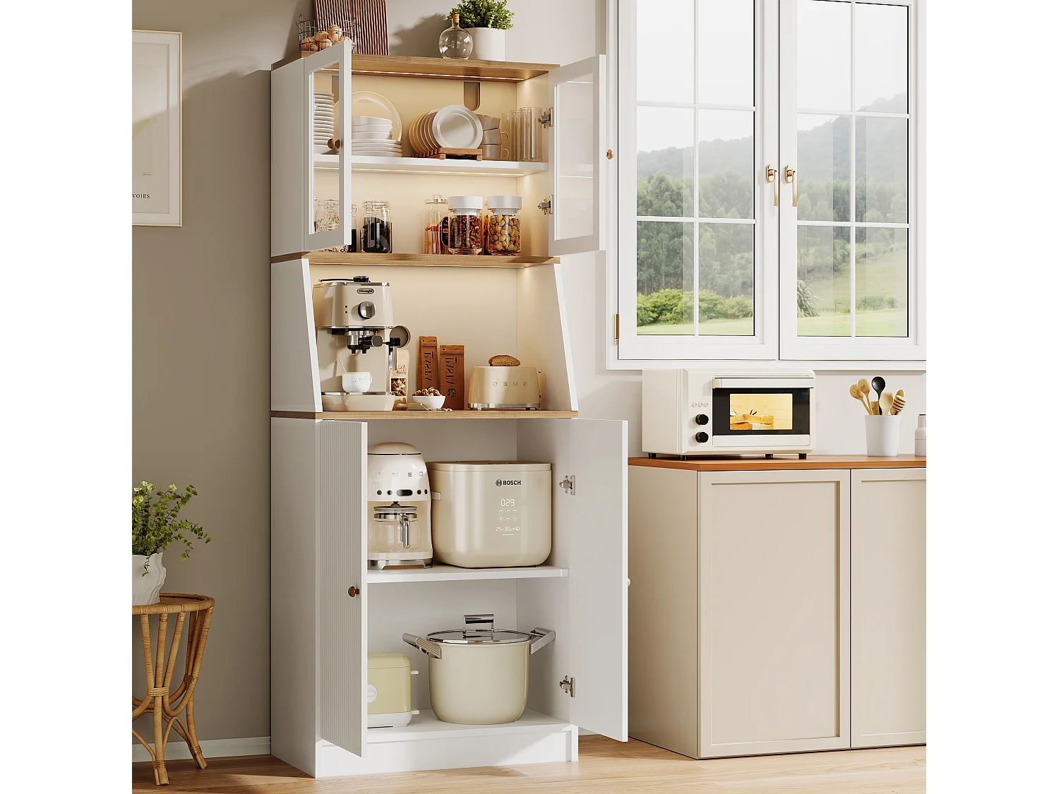 Buffet de cuisine avec plan de travail, rangement intégré, buffet, rangement avec bandeau LED, 70 x 40 x 180 cm, meuble de cuisine，blanc