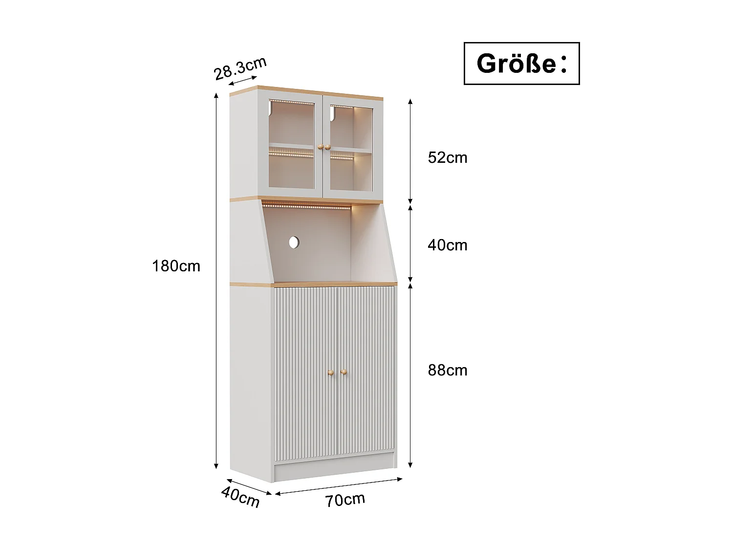 Buffet de cuisine avec plan de travail, rangement intégré, buffet, rangement avec bandeau LED, 70 x 40 x 180 cm, meuble de cuisine，blanc
