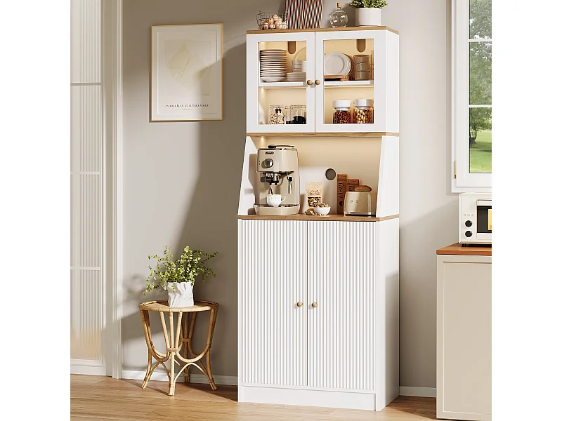 Aparador de cocina con encimera, almacenaje integrado, aparador, almacenaje con tira LED, 70 x 40 x 180 cm, mueble de cocina, blanco