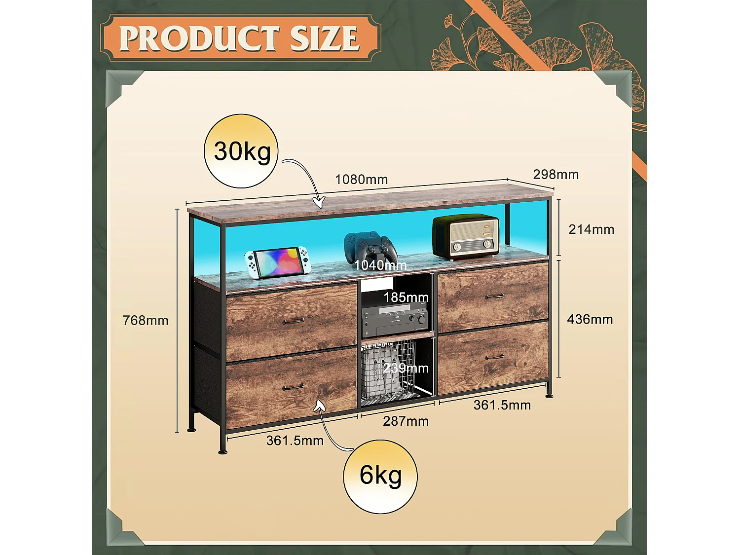 Meuble TV 4 tiroirs, 108 x 30 x 76.8 cm, banc TV rétro, buffet, commode de salon, meuble de rangement de salon, meuble de rangement