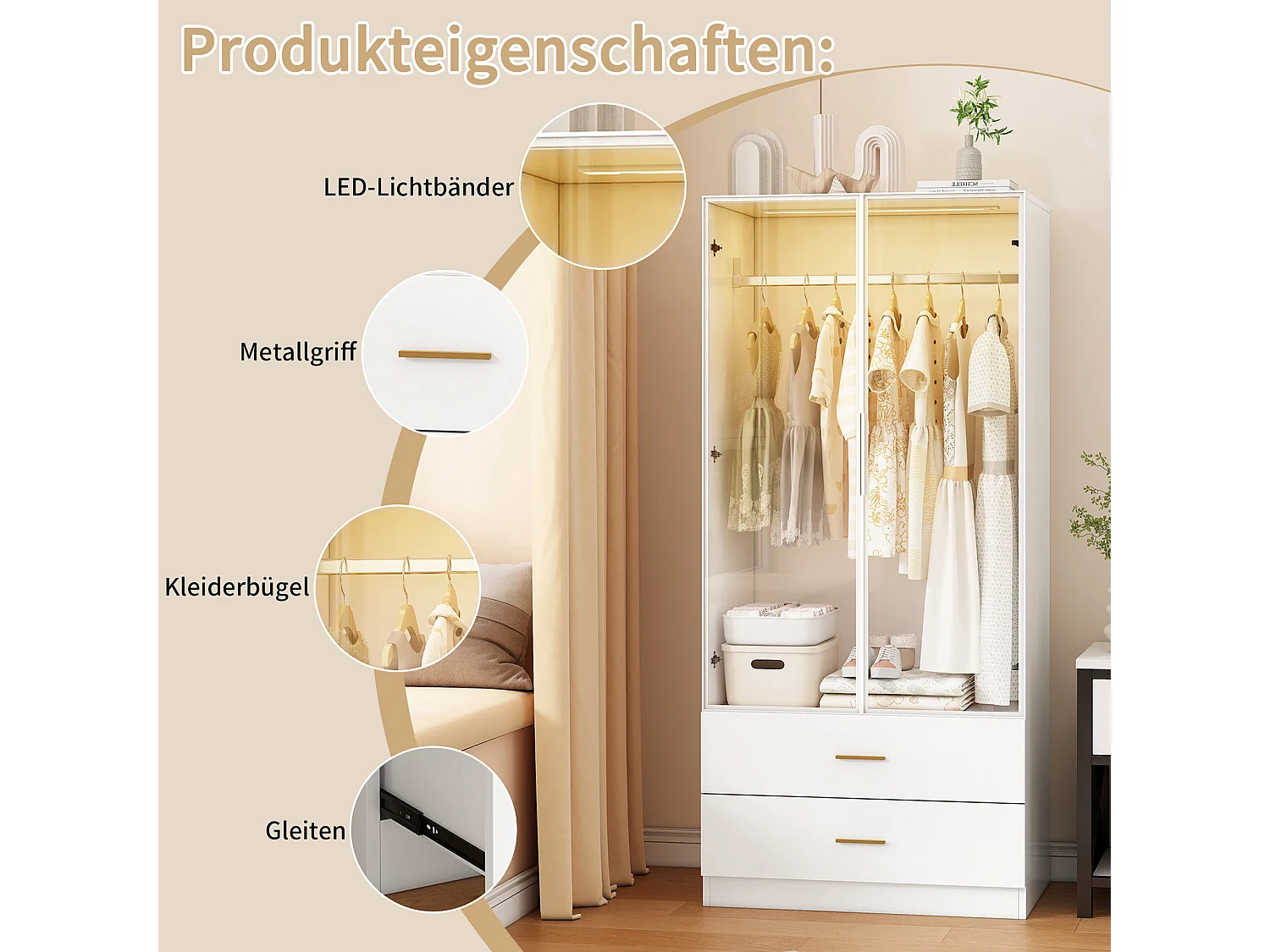 Kledingkast met 2 lades en 2 deuren, kapstok met ledverlichting en kledingstang, kleedkamer, 80 x 50 x 175 cm