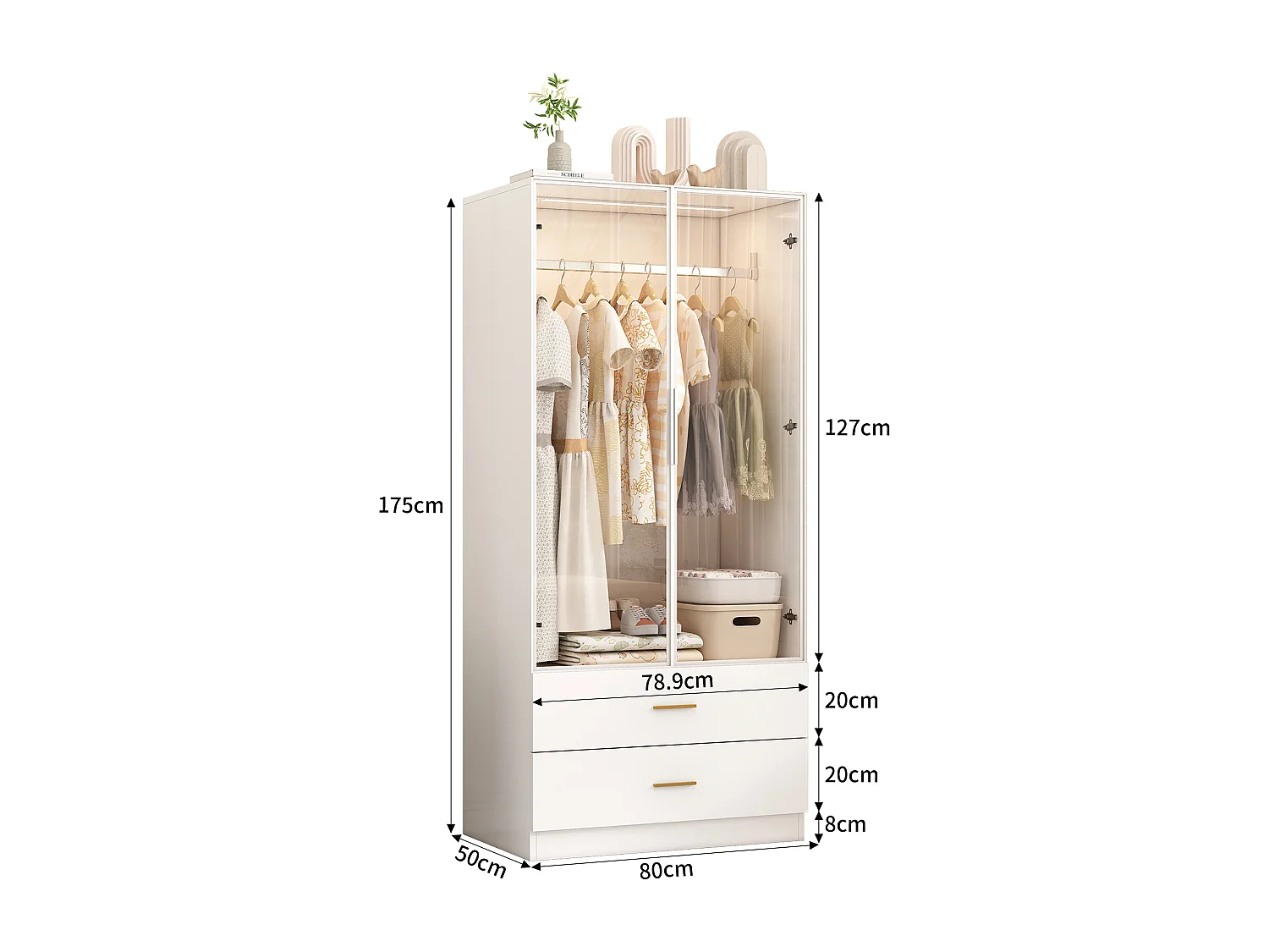 Kledingkast met 2 lades en 2 deuren, kapstok met ledverlichting en kledingstang, kleedkamer, 80 x 50 x 175 cm