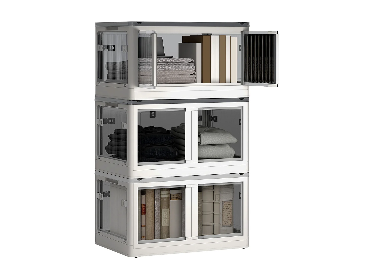 Ensemble de 3 boîtes de rangement 69L pliables empilables - couvercle, roulettes - blanc gris