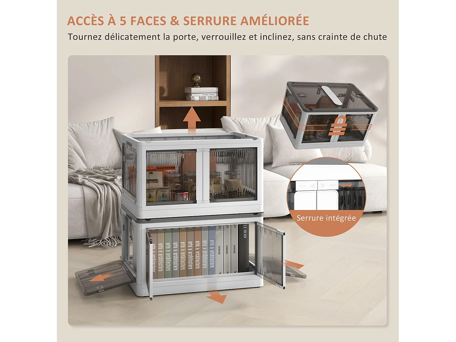 Ensemble de 3 boîtes de rangement 69L pliables empilables - couvercle, roulettes - blanc gris