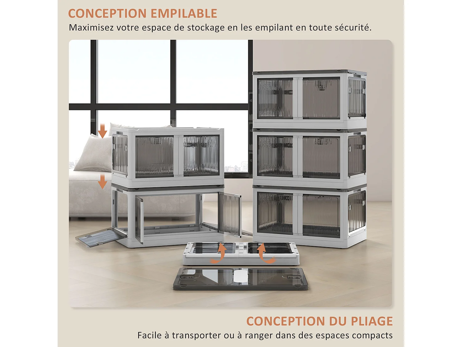 Ensemble de 3 boîtes de rangement 69L pliables empilables - couvercle, roulettes - blanc gris
