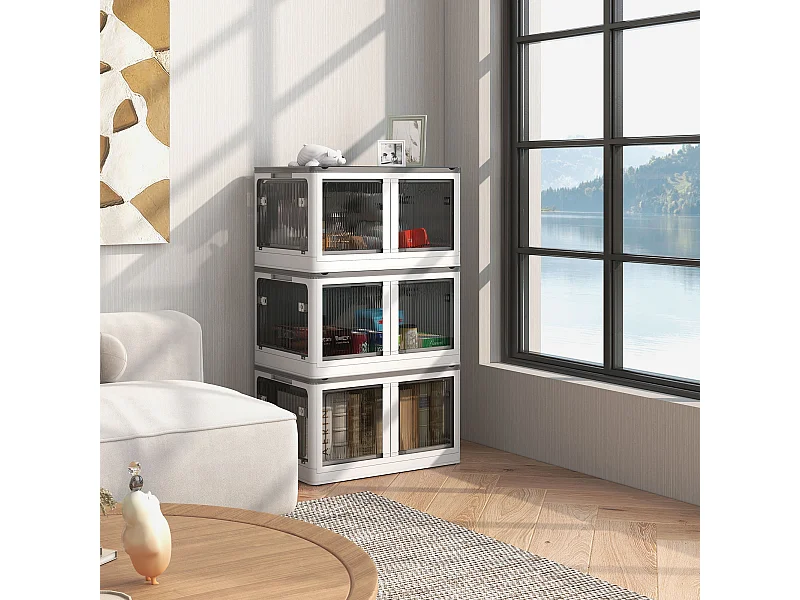 Ensemble de 3 boîtes de rangement 69L pliables empilables - couvercle, roulettes - blanc gris