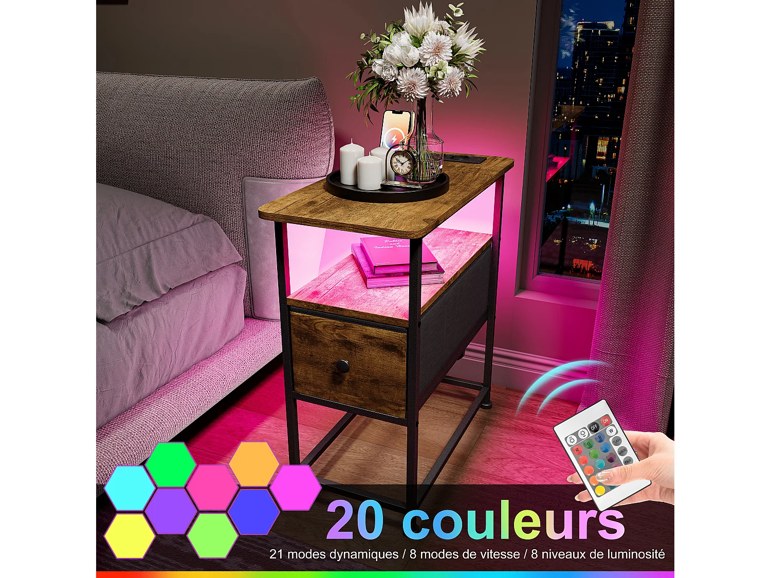 Commode étroite, table de chevet avec fonction de chargement et bande lumineuse, table d'appoint avec tiroirs, 30 x 60 x 62 cm,Tigré